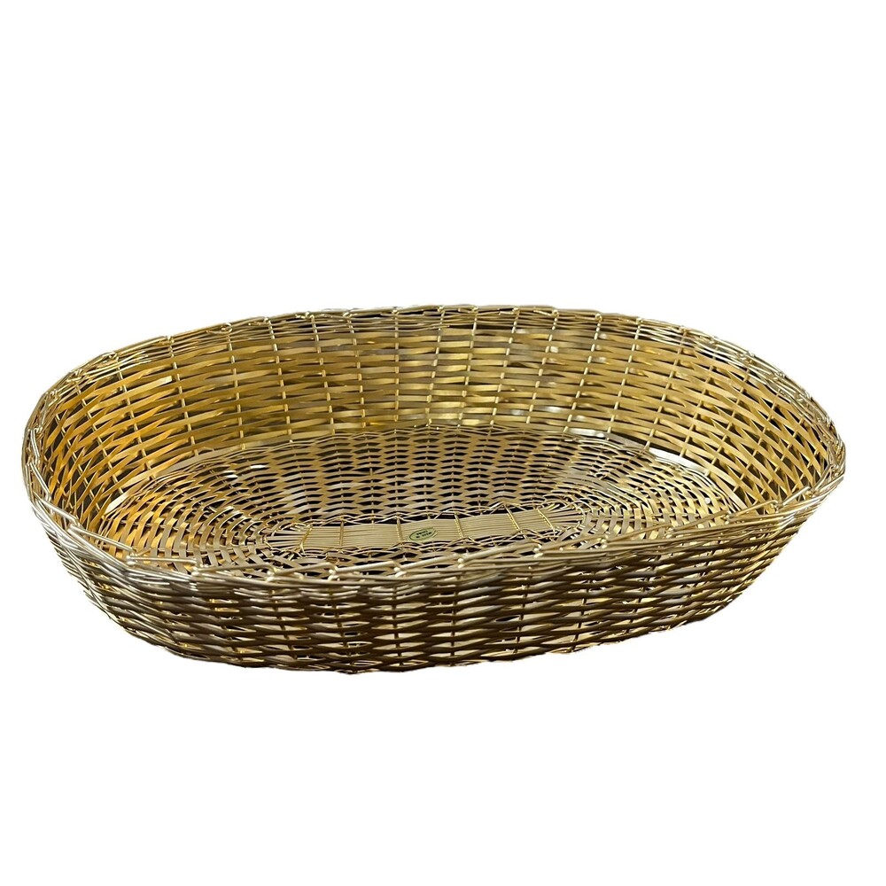 VTG Woven Metal Oval Silver Gold Bread Basket 11” X 8” X 2” French Style 80s 90s